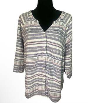 Christopher & Banks Linen Split Neck Top Sz L 3/4 Tab Sleeve Nautical Striped